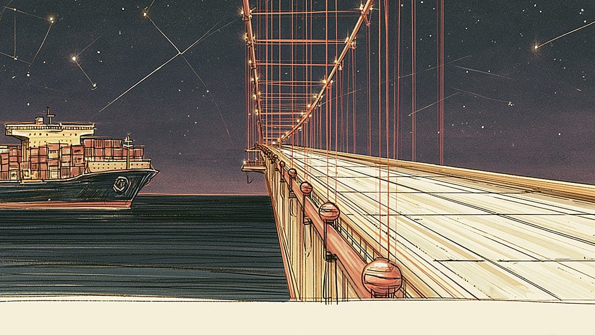 Sketch of a container ship approaching a lit suspension bridge at night, drawn in pencil and pink ink